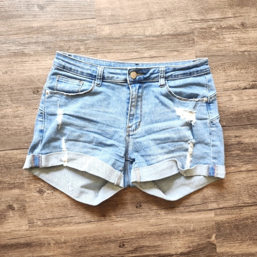 Hocaies Distressed Mid Rise Denim Shorts with Folded Cuffs